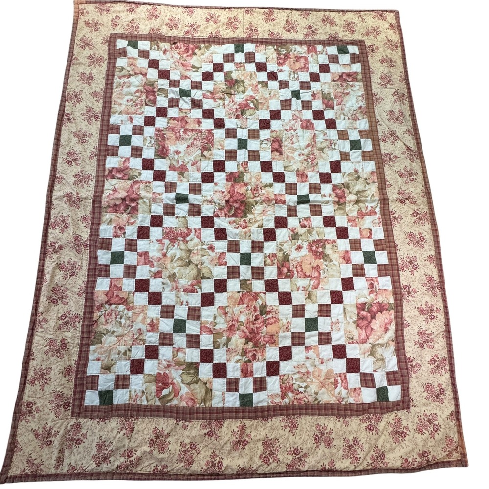 Vintage Handmade Irish Chain Quilt Floral Checkerboard Cotton Cottagecore 81x61